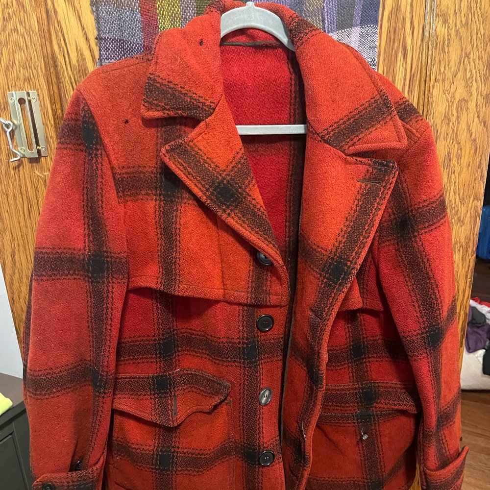 Woolen Wool Coat Jacket Red Buffalo Plaid Talon Zipper large/ Extra Large